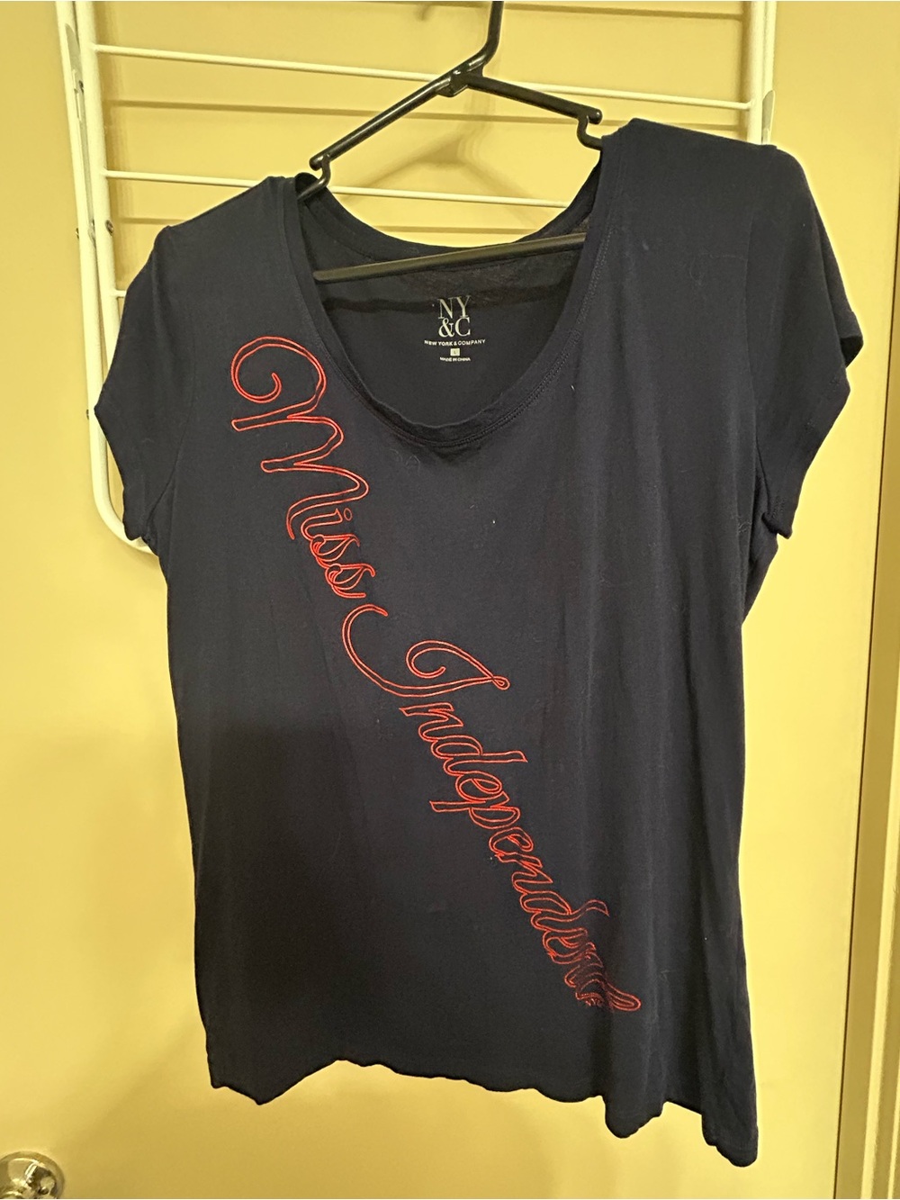 New York & Company Navy Tee with Red Script Graphic